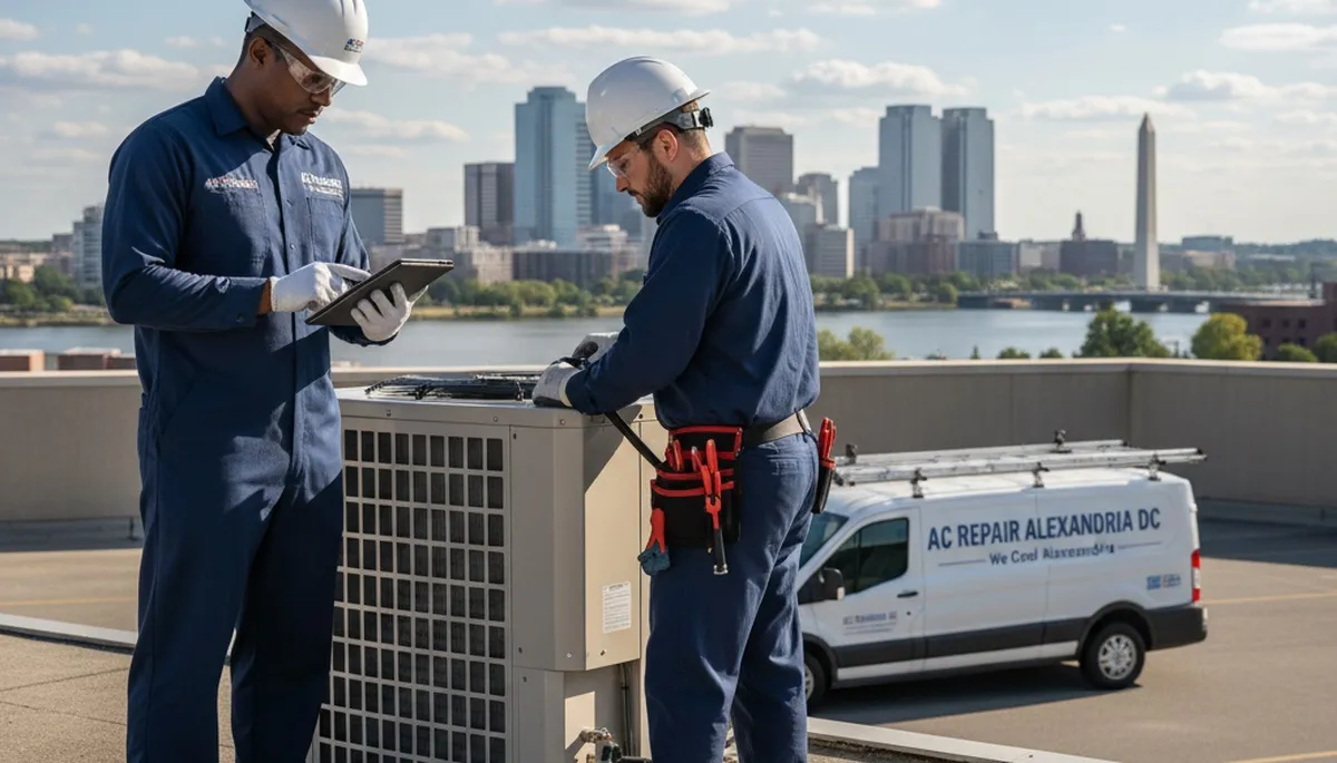 Professional AC repair technician servicing air conditioner unit in Washington DC home
