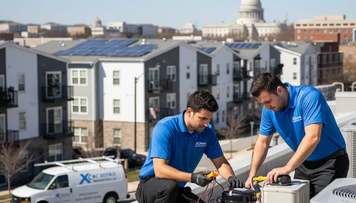 Professional AC repair technician servicing air conditioner in Washington, DC home