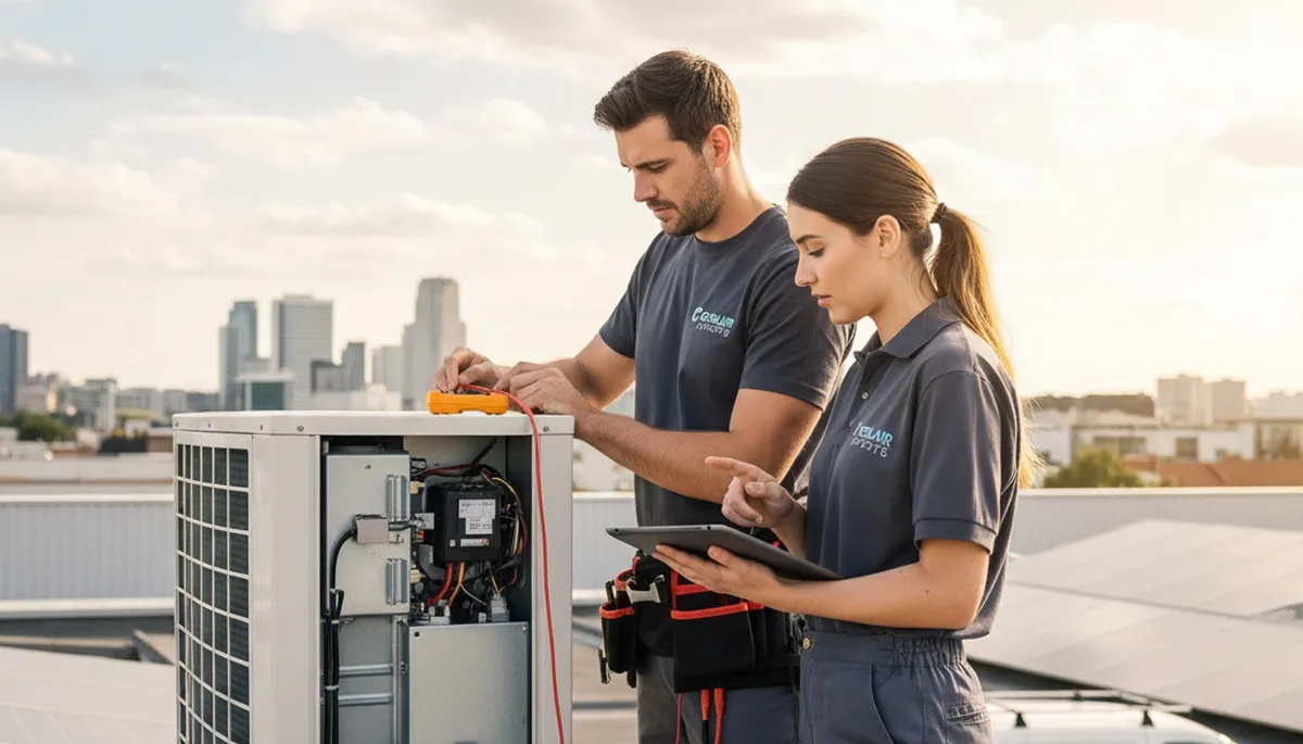 Technician performing AC repair service in Washington DC home for Five Star Cooling