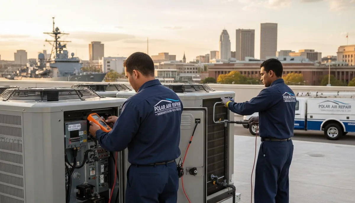 Professional AC repair technician servicing air conditioner unit in Washington DC home